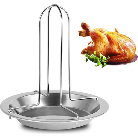 1 Support à poulet en acier inoxydable, design pliable, bac récupérateur, pour four et barbecue (1/5)