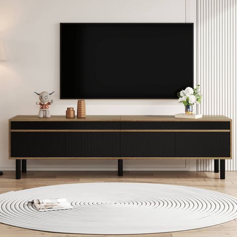 Meuble TV 170 cm, banc TV 4 portes cannelées push-to-open avec passe-câbles, MDF et bois massif, noir (1/5)