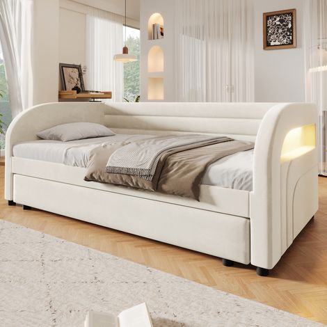 Lit gigogne 90x200 cm en velours beige avec LED et lit d'appoint coulissant (1/5)