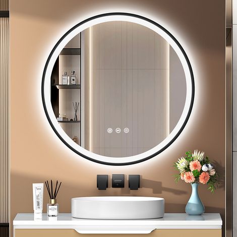 Miroir rond 70 cm avec éclairage – cadre noir, anti-buée, variateur, 3 couleurs de lumière, interrupteur tactile, fonction mémoire, économique, noir. (1/5)