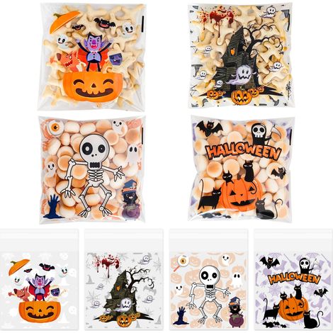 Lot de 100 sacs à fermeture automatique Halloween 10x10cm, 4 modèles, sachets pour biscuits et snacks d’enfants (1/5)