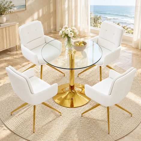 Ensemble table à manger ronde 85 cm verre trempé blanc et or avec 4 chaises pivotantes - CHICFURN (1/5)