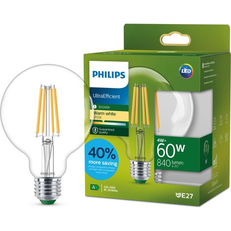 ampoule LED Ultra Efficient Classe A, 60W, format globe, culot E27, blanc chaud 2700K, transparente (1/5)