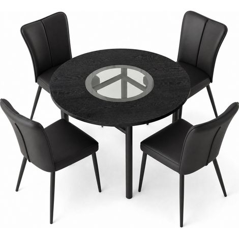 Modernes minimalistisches runde Esstisch-Set 100 cm schwarz mit 4 PU-Stühlen (1/5)