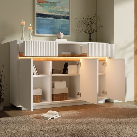 Sideboard 140x40x85 cm Weiß aus Holz mit LED, 2 Schubladen, 3 Türen und verstellbaren Einlegeböden (1/5)