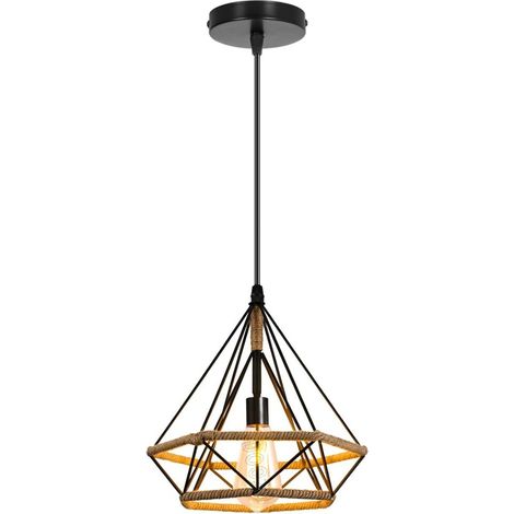 Lustre Suspension Industrielle Design Diamant Chanvre Corde Métal LED Luminaire Plafonnier Abat-Jour Rétro Design E27 pour cuisine salon chambre (1/5)
