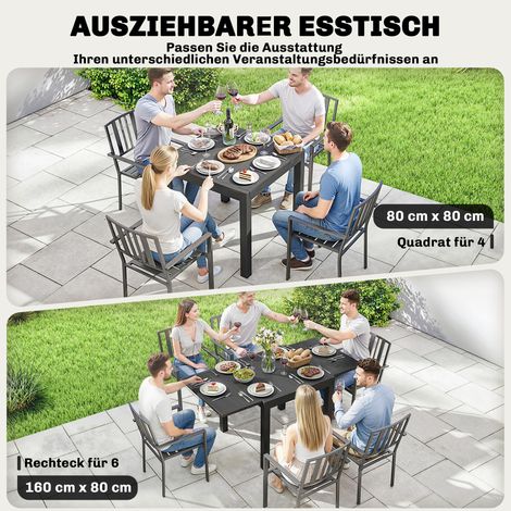 Table de jardin extensible 80/160x80 cm, table repas rectangulaire aluminium pour 4-6 personnes, plateau à lattes (1/4)