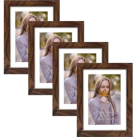 Cadre Photo 10x15 cm Rustique Lot de 4 avec Passe-Partout, Cadre Photo Mural et à Poser pour Chambre, Bureau, Salon et Gallerie, Marron (1/5)