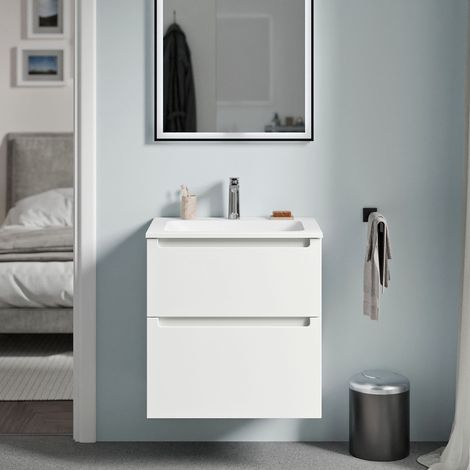 BERNSTEIN - Meuble vasque suspendu salle de bain MDF Blanc mat, lavabo fonte minérale Blanc mat + trou robinet, tiroirs passe-main pivotants - 60x46x62cm - VIREO Blanc mat, Blanc mat avec trou pour ro