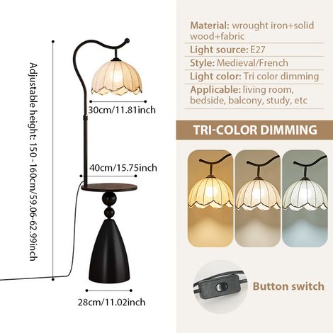 Vintage Stehlampe im Lilienblüten-Design mit Ablage, Dimmbar in 3 Lichtfarben, E27 Leuchtmittel inkl., Höhenverstellbar, Stoffschirm, Schwarz