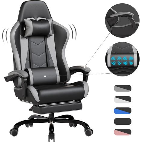 Devoko Chaise de gaming avec fonction massage et repose-pieds télescopique, fauteuil gamer avec coussin lombaire et appui-tête, dossier inclinable (90-135°), capacité de 150 kg-noir et gris