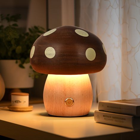 Lampe de chevet champignon en bois massif, lampe de nuit LED tactile rechargeable 3W, lumière chaude 3000K variateur intensité, veilleuse pour chambre enfant cadeau (1/5)
