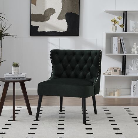 Chaise de salle à manger, sans accoudoirs, dossier capitonné et clous, pieds en bois massif, en velours, vert émeraude