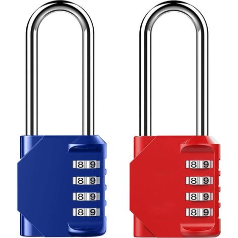 Cadenas à combinaison robuste - [Lot de 2] Cadenas à combinaison 4 chiffres en alliage de zinc, anse de 6,35 cm (2,5 pouces), idéal pour abri de jardin ou clôture - Rouge et bleu