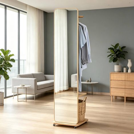 Freistehender Ankleidespiegel mit Kleiderständer (40 x 44.5 x 170 cm), Rollen, Kleiderstange, 4 Haken, Ablage, Holzoptik, Glas, MDF, Holz (1/5)