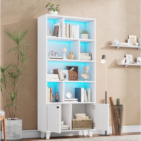 Bücherregal 80x30x173 cm weiß aus Massivholz und MDF mit LED-Beleuchtung und Doppeltüren (1/5)