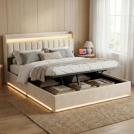 Letto contenitore 160x200, illuminazione LED RGB e prese USB/Type-C, letto matrimoniale, letto per adulti con apertura idraulica, testiera con cano contenitore, velluto, scandinavo, Beige (1/5)