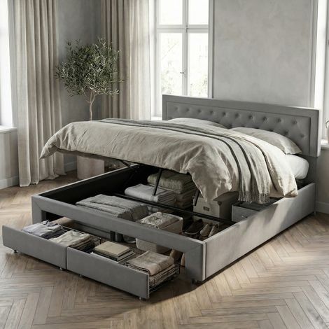 Letto contenitore matrimoniale 180x200 cm in velluto grigio con 2 cassetti - Testiera imbottita capitonné - Rete a doghe inclusa(180x200cm, Grigio)