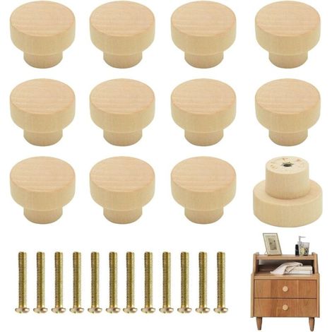 12 Pièces Boutons de Meuble en Bois Naturel, Poignées Ronds pour Placards, Bureau, Armoire et Tiroirs (1/4)
