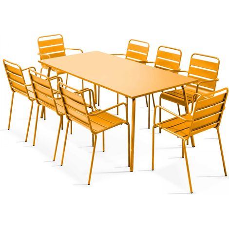 Ensemble table de jardin et 8 fauteuils en métal jaune - Palavas