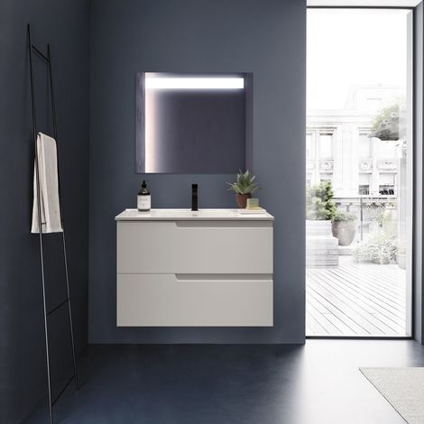Mobile bagno sospeso 80 cm 2 cassetti in legno bianco satinato con lavabo a incasso - Vanda - Accessorio: Con specchio e lampada LED