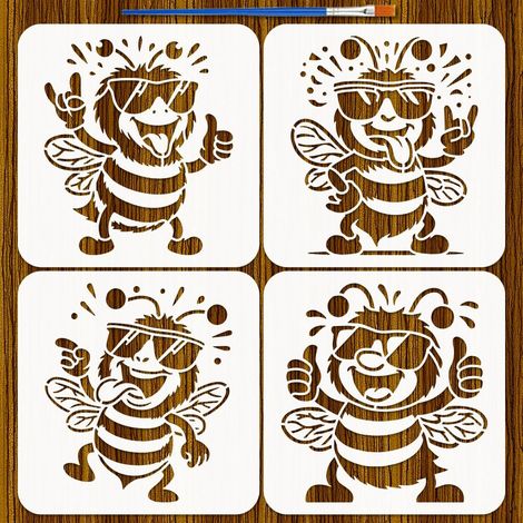 4PCS Pochoir Peinture Abeilles Drôles avec Pinceau 20x20cm Plastique Style Cartoon Modèle de Dessin Abeilles PET Pochoir Lunettes de Soleil Modèle Thème Animal pour DIY Décor Mur Sol (1/5)