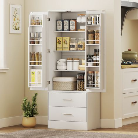 Mueble de cocina de 159 cm, estantes ajustables, 2 cajones, para cocina o comedor, aglomerado, MDF, blanco.