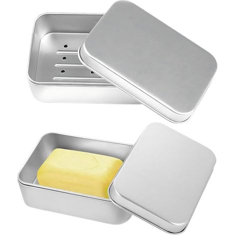 Scatola portasapone da 2 pezzi, scatola portasapone da viaggio, scatola rettangolare in alluminio con vassoio interno, adatta per hotel, dormitori e bagni (96  68  30 mm)