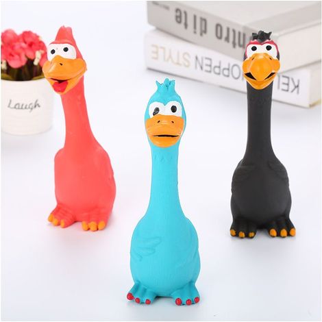 Un ensemble de 3 jouets pour chiens en latex qui couinent, avec des motifs de poulet et de canard, de la marque Intera. (1/5)