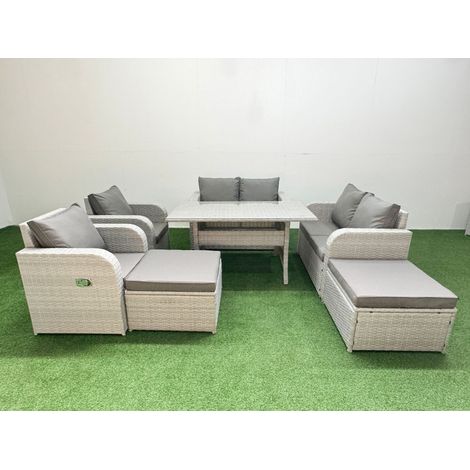 Fimous 8 Seater Outdoor Reclining Chair Love Sofa Set Rattan Garden Furniture Set with Rectangular Dining Table 2 Big FootStools Light Grey (1/4)