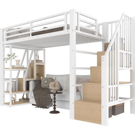 Lit mezzanine 90x200 cm métal et MDF blanc avec rangements intégrés, garde-corps et bande LED (1/5)