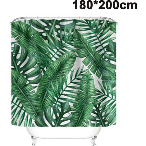 Rideau de douche tropical, ensemble de rideaux de salle de bain en tissu à feuilles de bananier vert avec crochets, décoration de salle de bain lavable en machine
