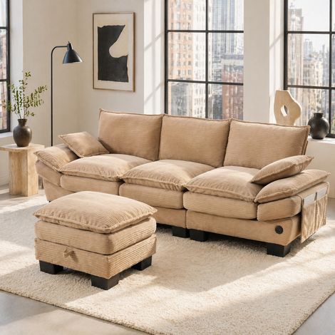 Canapé modulaire 3 places avec pouf en velours côtelé beige OKWISH (1/5)