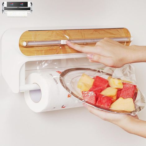 Distributeur de papier aluminium et de film plastique avec porte-essuie-tout - 2 en 1 avec coupe-papier (1/5)