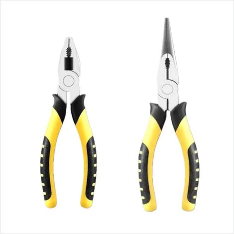 Pince universelle 15 cm + pince à becs fins 20 cm, poignée en TPR jaune et noir, pour travaux domestiques et électriques (1/5)