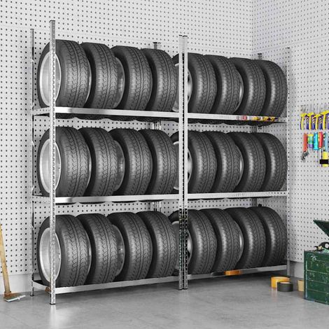 Lot de 2 Porte-pneus en Acier Galvanisé Argenté – Étagère de Rangement 3 Niveaux Réglables – Capacité 795 kg pour 12 Pneus – 110 x 40 x 200 cm (1/5)