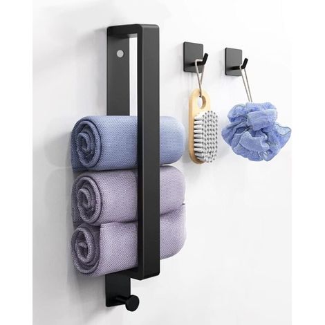 Porte-serviettes noir sans perçage - Porte-serviettes d'invités, porte-serviettes de salle de bain auto-adhésif en acier inoxydable avec 2 crochets, barre de 40 cm pour salle de bain et cuisine (1/3)