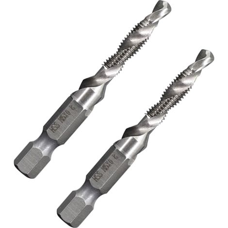 2pcs Foret et Taraud Combinés M6 x 1, Tige Hexagonale 1/4", Acier Rapide 4341, Outil de Taraudage et Perçage à Canaux Hélicoïdaux