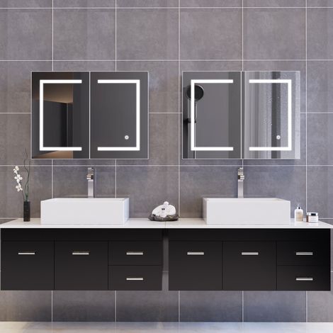 Armoire de Salle de Bain avec Miroir et LED éclairage, 80x13x60cm Armoire de Toilette Miroir avec Étagère Réglable,Meuble Pharmacie Salle de Bain,Température de Couleur Réglable, Blanc (1/5)