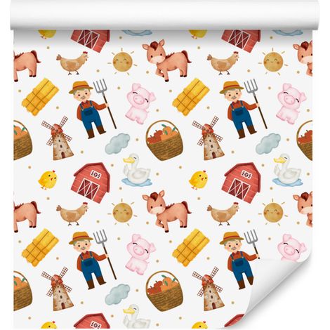 Papier peint animaux de la ferme blanc et crème pour salon et chambre 50x1000 cm (1/5)