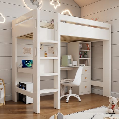 Lit mezzanine 90x200 cm - avec USB et Type-C - avec bureau en L, étagères et tiroirs - avec barrières de sécurité - blanc (sans matelas) (1/5)