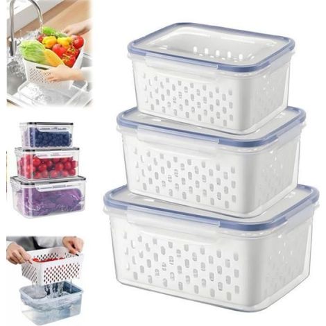 Boîte De Conservation Alimentaire - Avec Panier De Drainage Réutilisable - Pour Fruits Et Légumes - Lot De 3 (1/5)