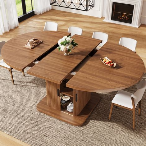 Table à manger extensible ovale 110-149,8x110x75 cm avec rangement, portes coulissantes, étagère amovible, pied central, MDF, effet noyer