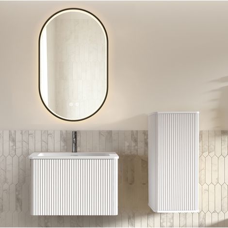 Ensemble meuble de salle de bain 60 cm avec vasque, miroir LED et colonne murale blanc REDOM (1/5)