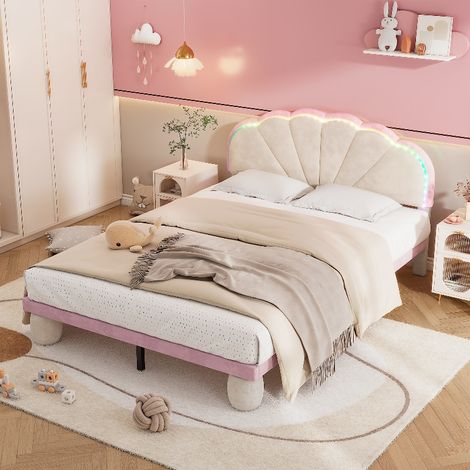 Polsterbett 140x200cm mit LED-Lichtstreifen und Wellenschliff-Kopfteil, Jugendbett aus Samt in Beige und Rosa, Doppelbett mit Holzlattenrost (1/5)