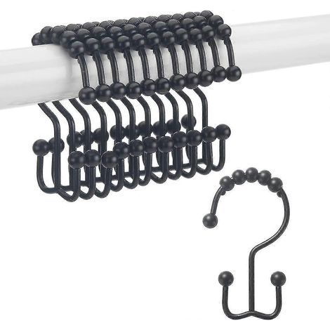 Anneaux de fixation pour rideau de douche, crochets de douche doubles coulissants en métal antirouille pour tringles et rideaux de douche, lot de 12 crochets - Noir mat (1/3)