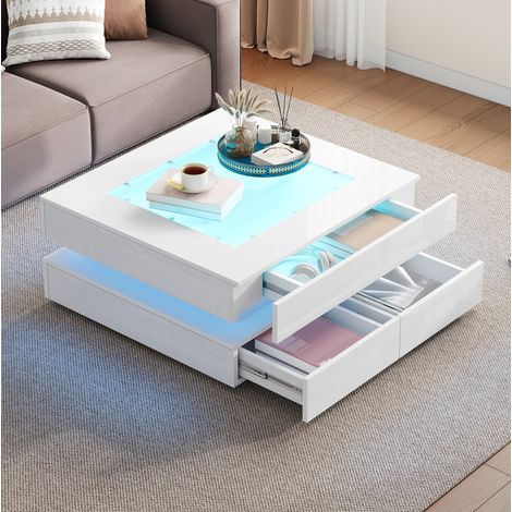 Tavolino basso 70 x 70 x 35 cm con piano in vetro, LED e 3 cassetti, bianco OKMYHOME (1/5)