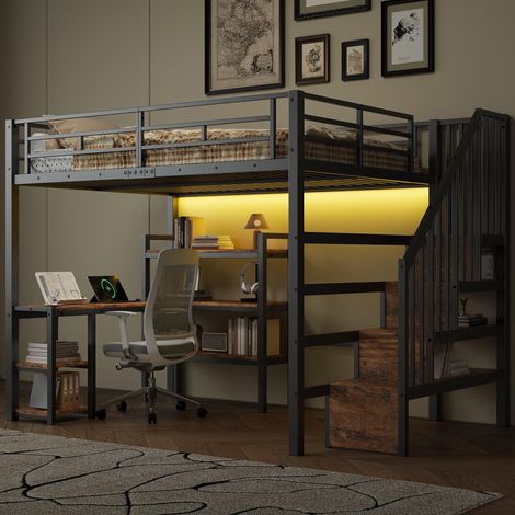 Lit mezzanine en métal 140x200 avec escalier, bureau intégré, compartiments de rangement, station de chargement USB et éclairage LED, noir, garantie 2 ans