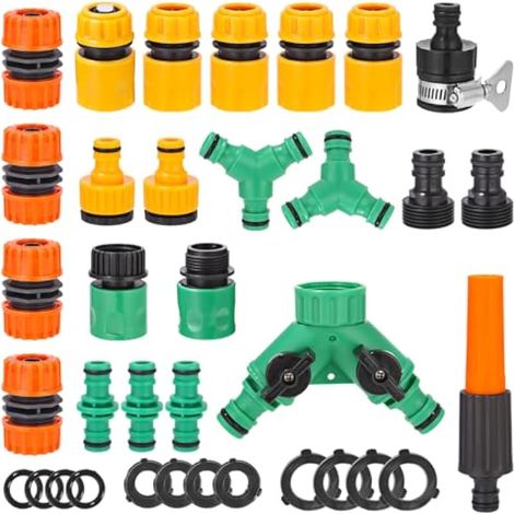 35 pièces de raccords de tuyau d'arrosage, kit de raccords 1/2 pouce, adaptateur de robinet, raccords rapides pour jardin, maison, voiture, animaux. (1/4)