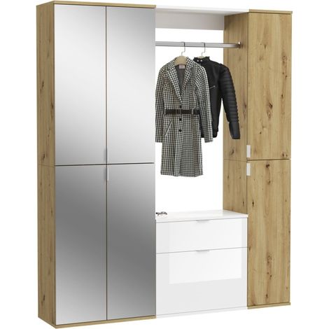 Armario de almacenamiento 6 puertas, 4 espejos, 2 cajones y un armario ropero – Blanco y roble – BODITE